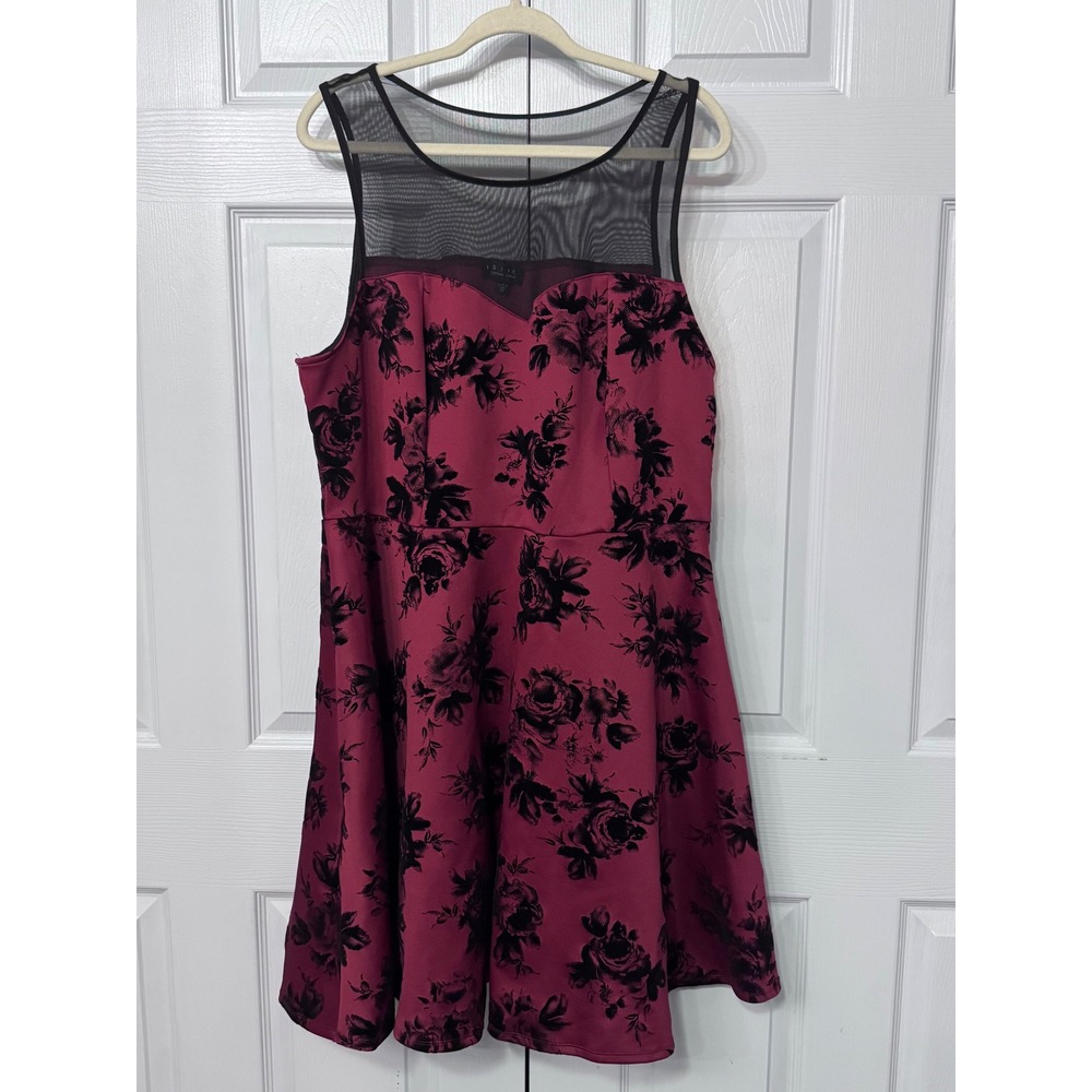 Trixxi Plus‎ Size 3X Burgundy Floral Velvet print Fit Flare Dress Mesh Neckline